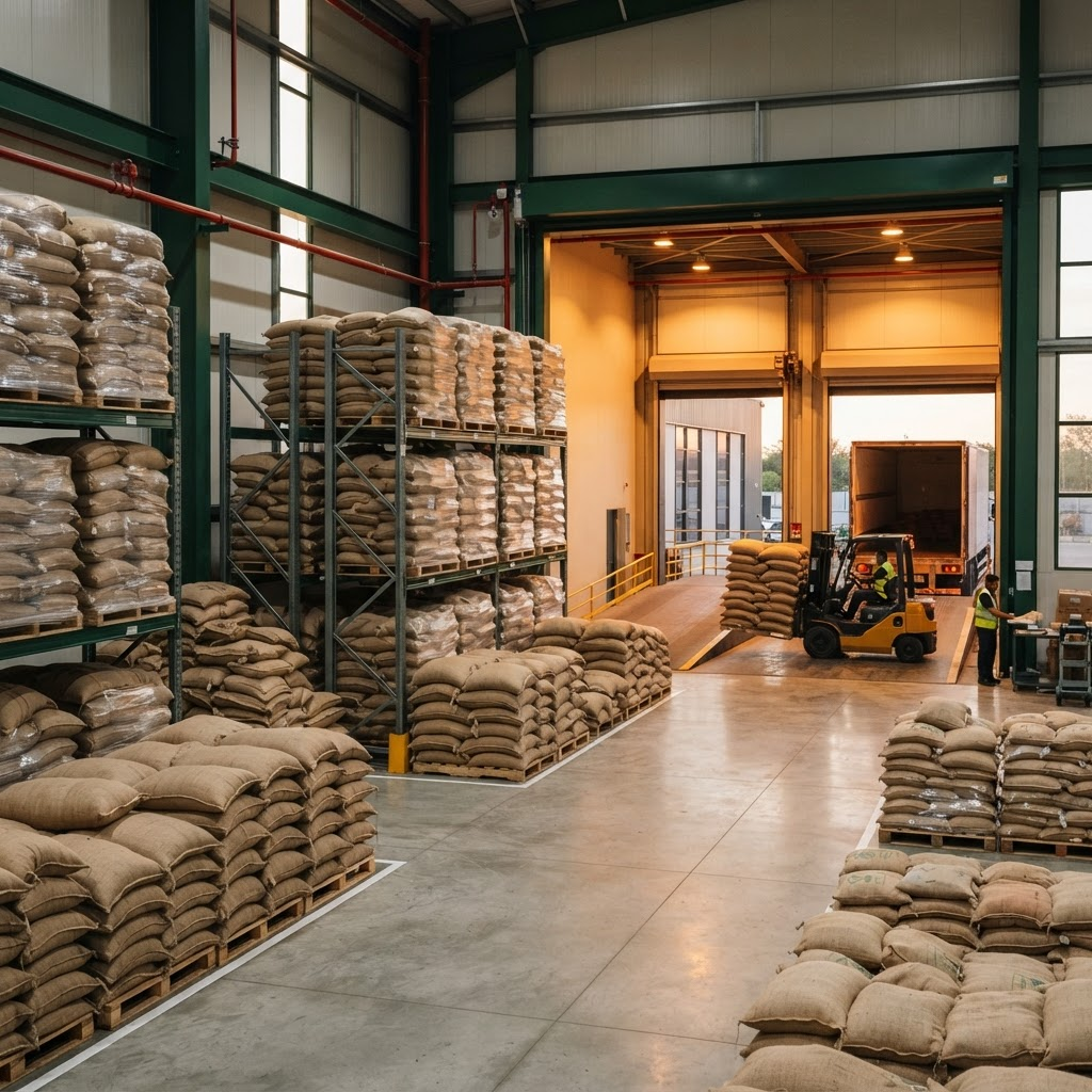 Kavira International agricultural export warehouse with stacked grain and spice sacks