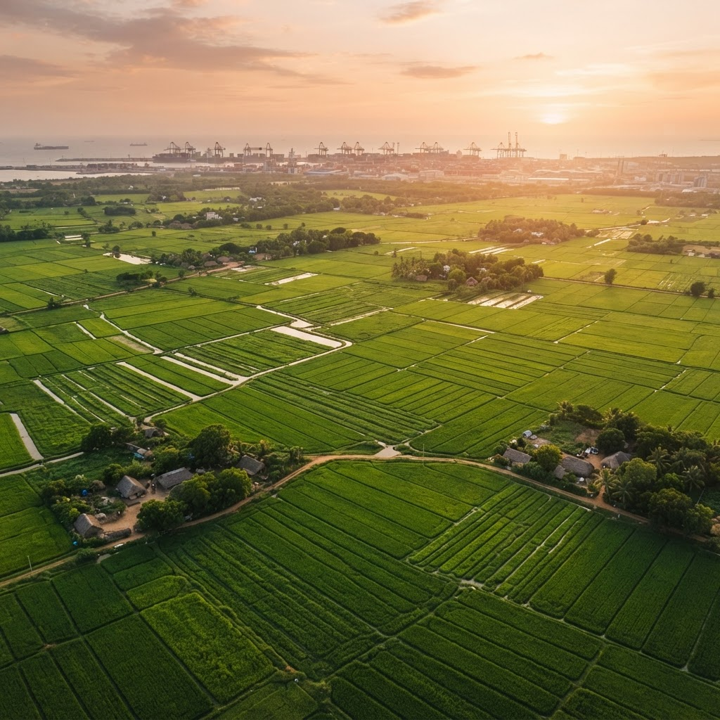 Lush Indian agricultural fields at golden hour